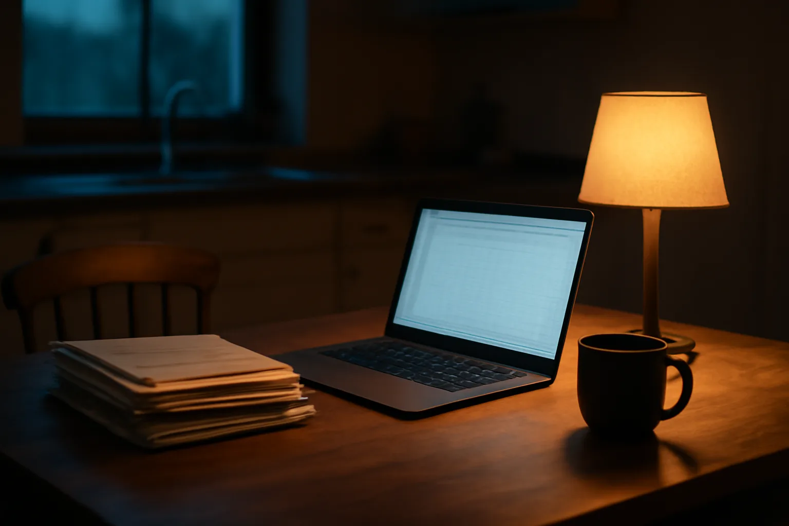 Kitchen table with mail and laptop, representing stress over unpaid timeshare maintenance fees
