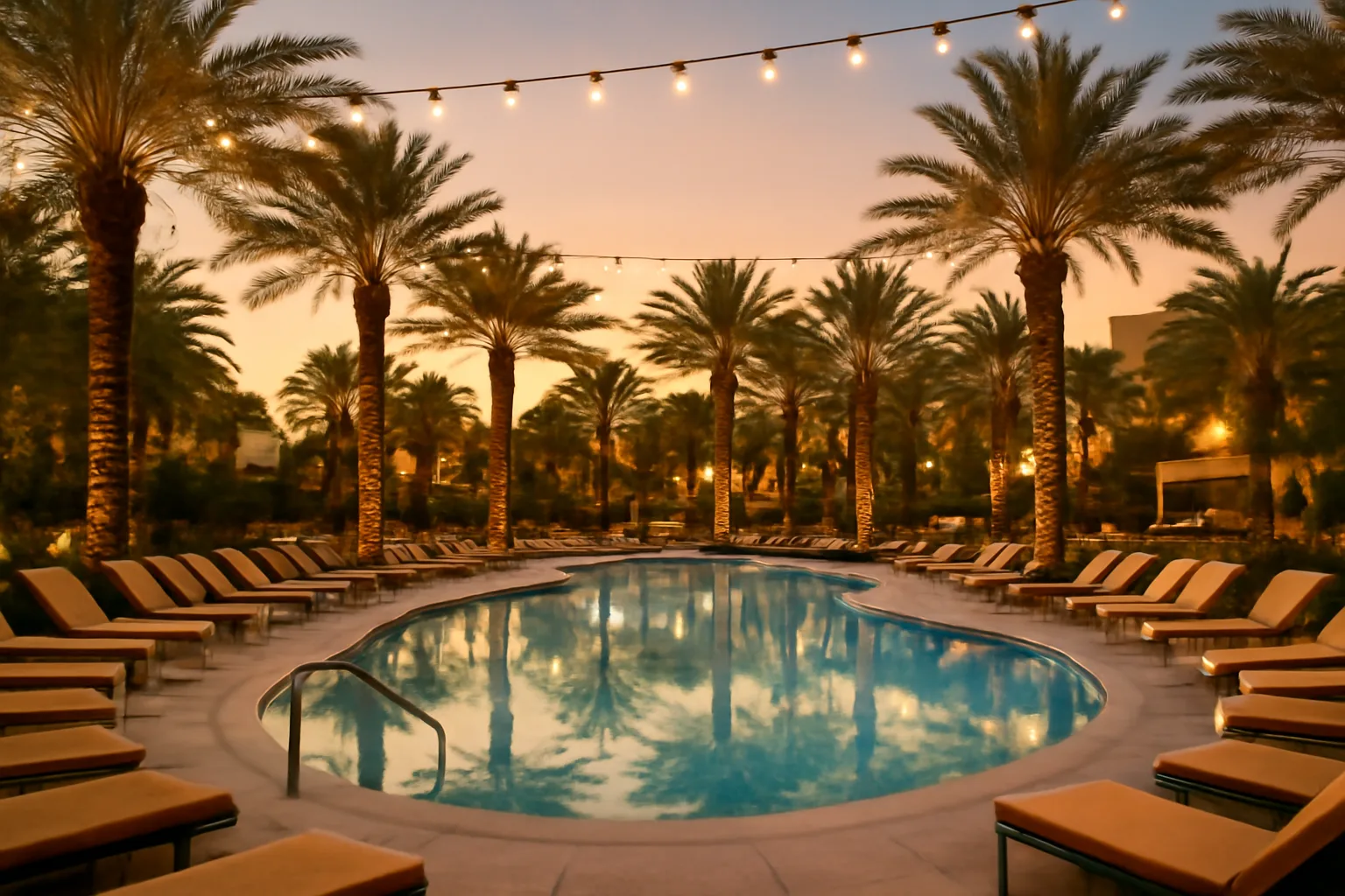Poolside view at a Las Vegas Strip resort resembling Tahiti Village at dusk