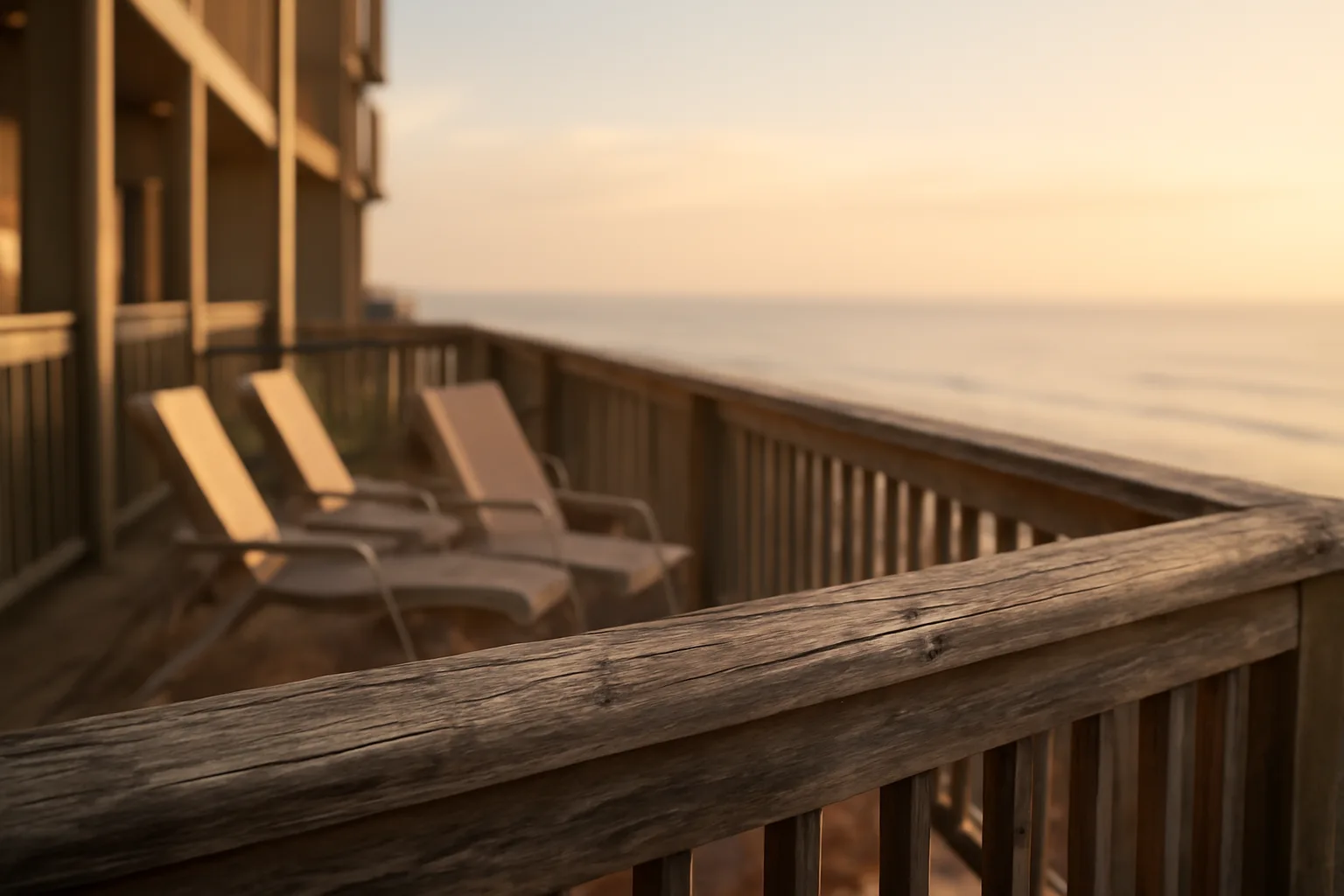 Empty resort balcony overlooking the ocean at sunset, evoking timeshare dues and upkeep costs
