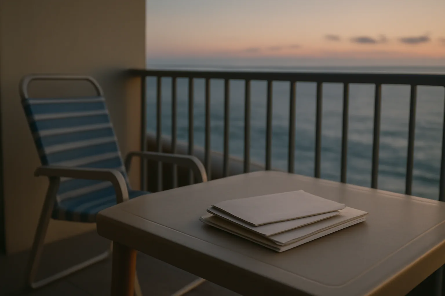 Resort condo balcony at dusk suggesting unpaid timeshare maintenance fees and foreclosure risk