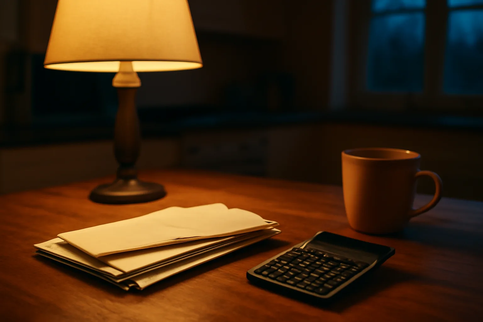Kitchen table with opened bills and a calculator representing timeshare maintenance fee costs