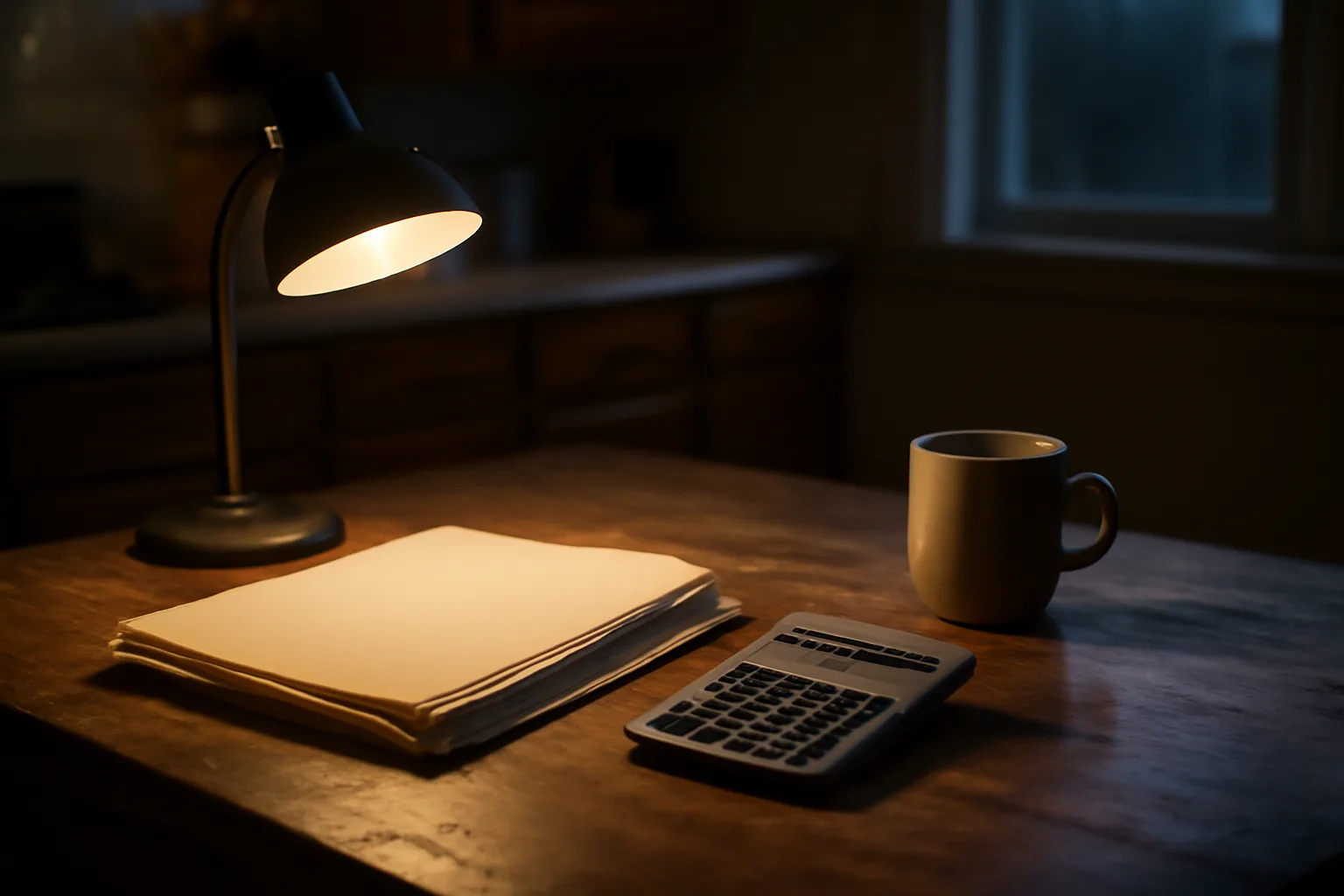 Kitchen table with paperwork and calculator representing timeshare maintenance fee review