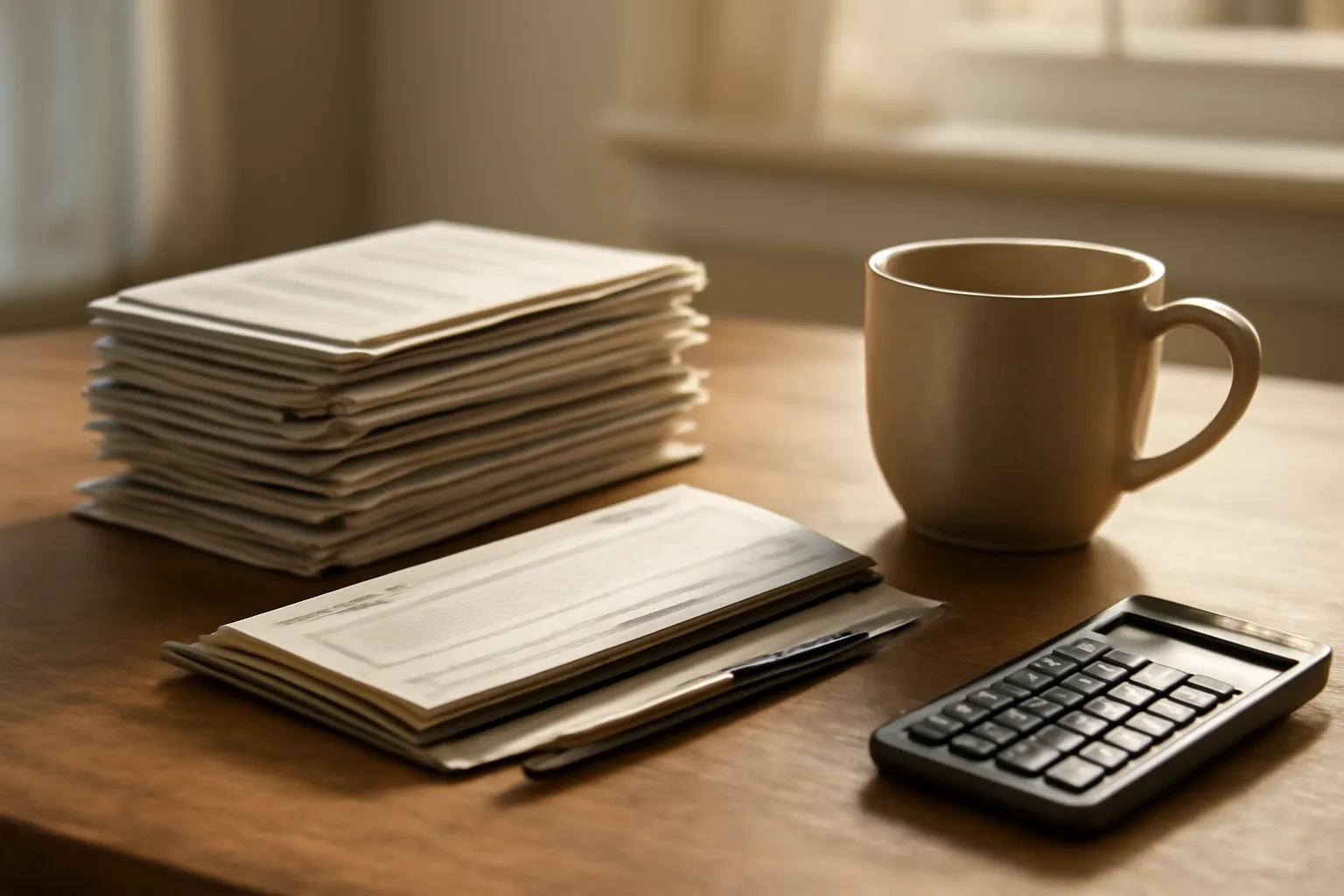 Kitchen table with bills and a calculator representing rising timeshare maintenance fee costs