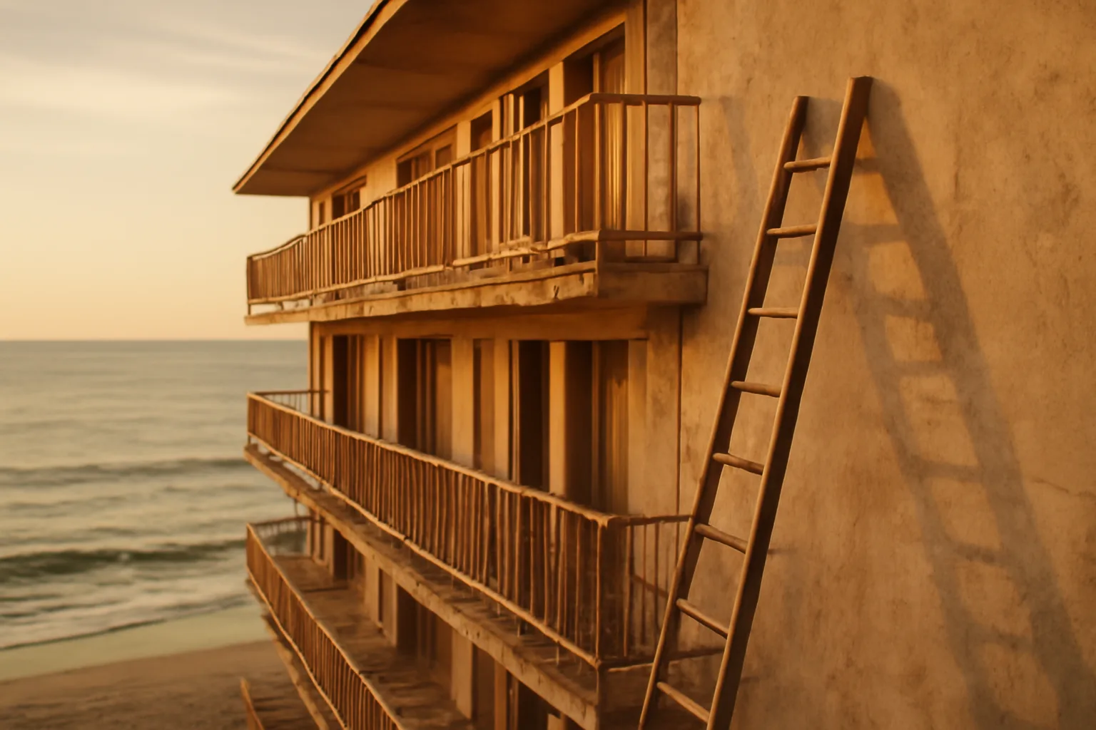 Aging beachfront timeshare resort exterior with maintenance ladder at golden hour