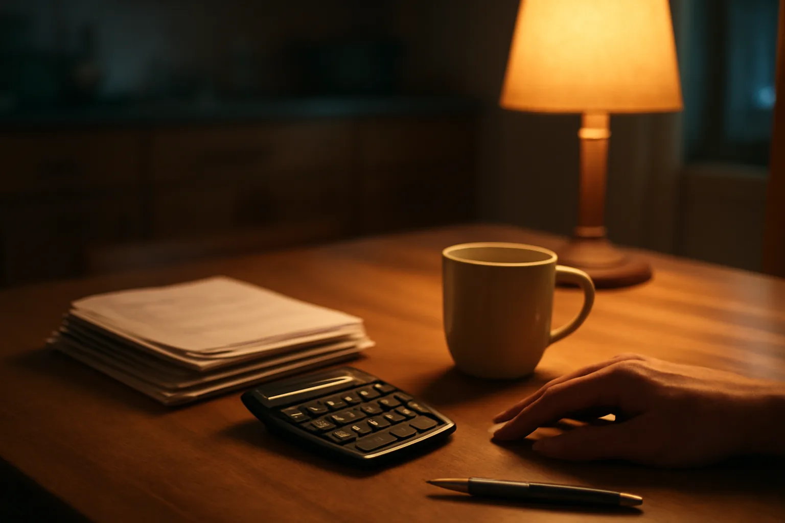 Kitchen table scene with calculator and bill stack for timeshare maintenance fees calculator estimate