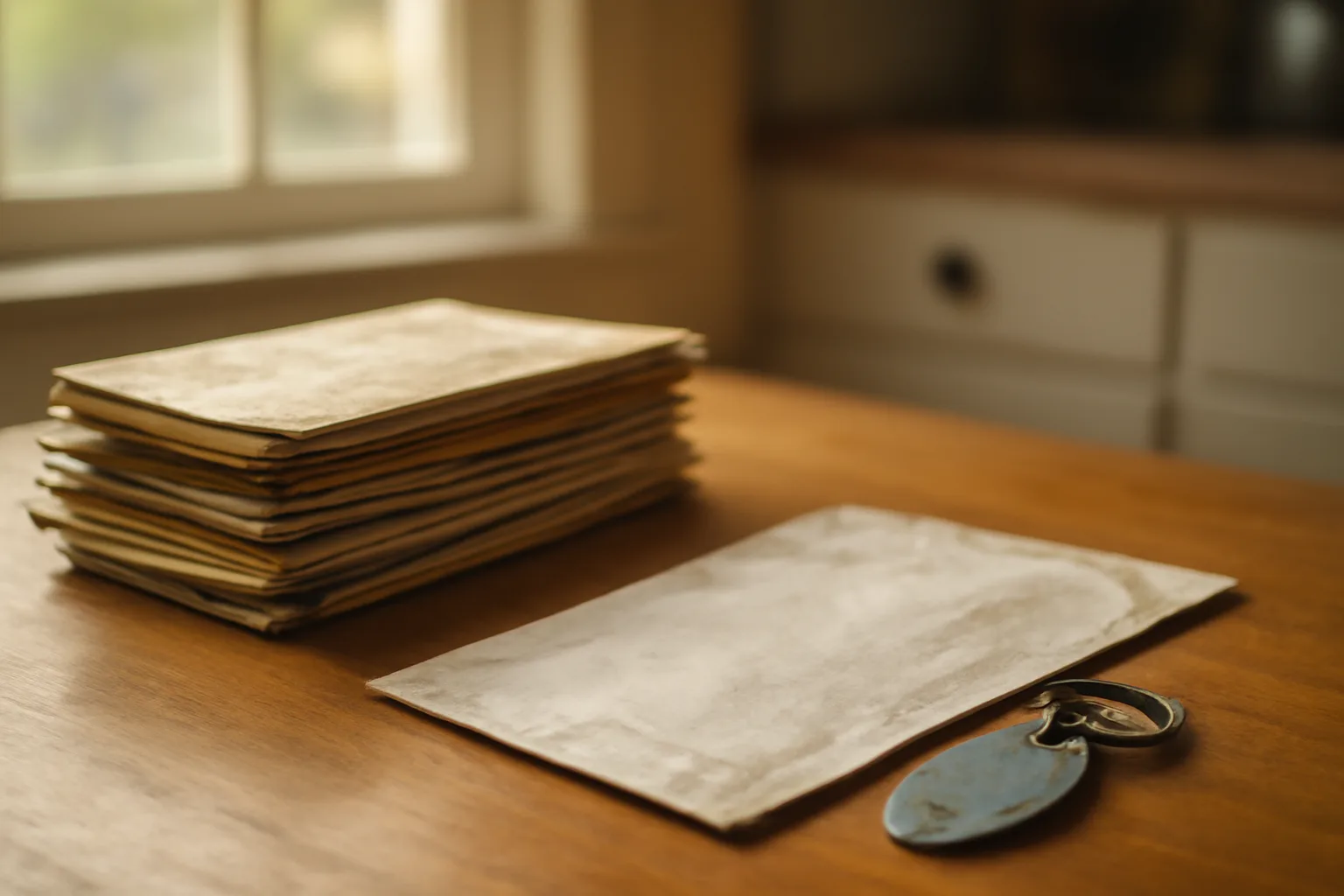 Unpaid bills and a resort keychain on a kitchen table in morning light