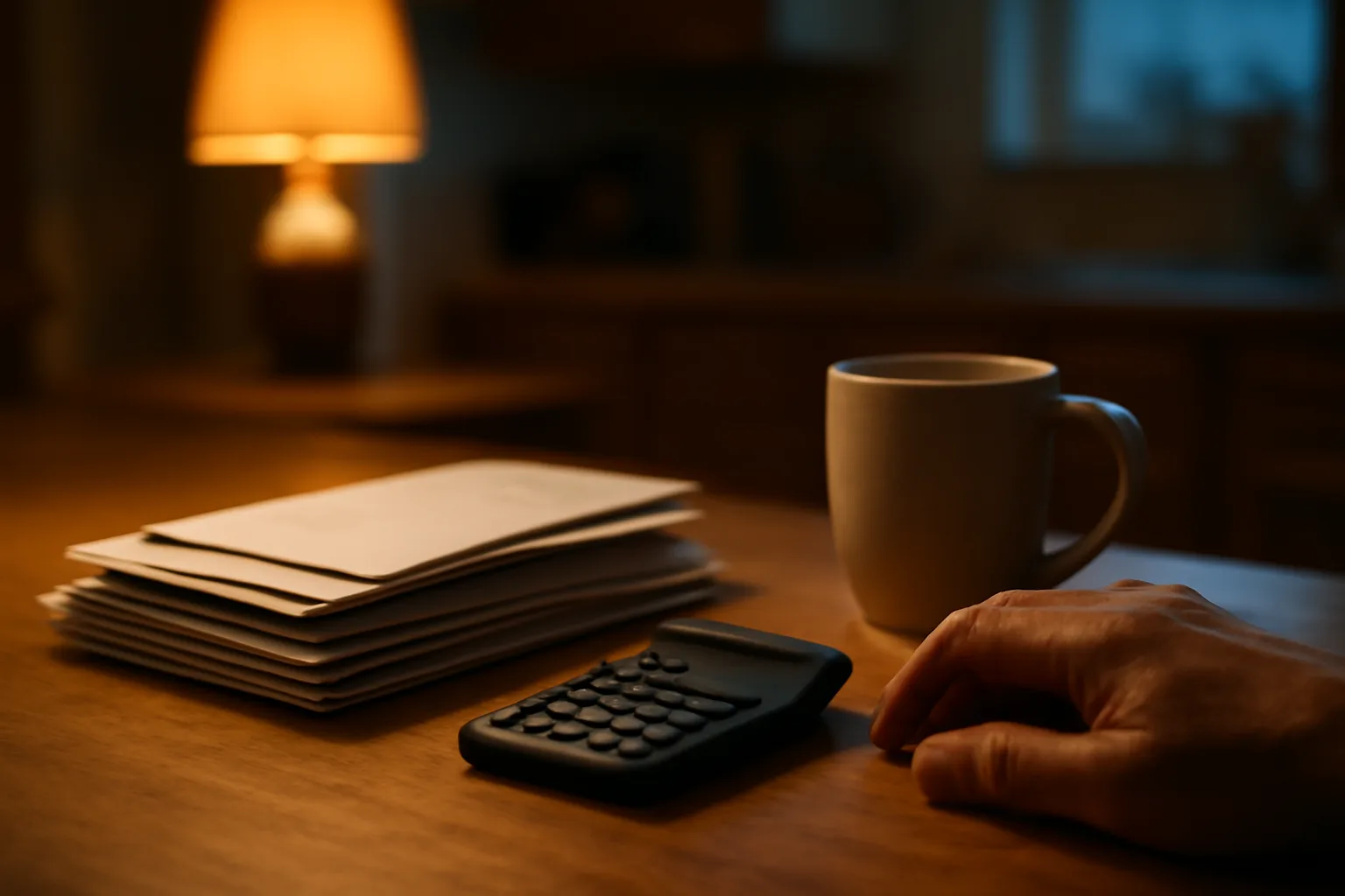Parent reviewing bills at a kitchen table, evoking rising timeshare maintenance fees for families
