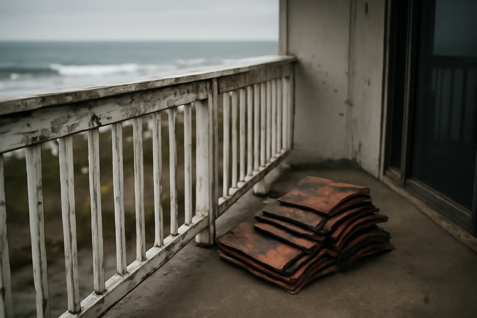 Storm-damaged condo balcony and roof tiles at a coastal timeshare resort after hurricane damage