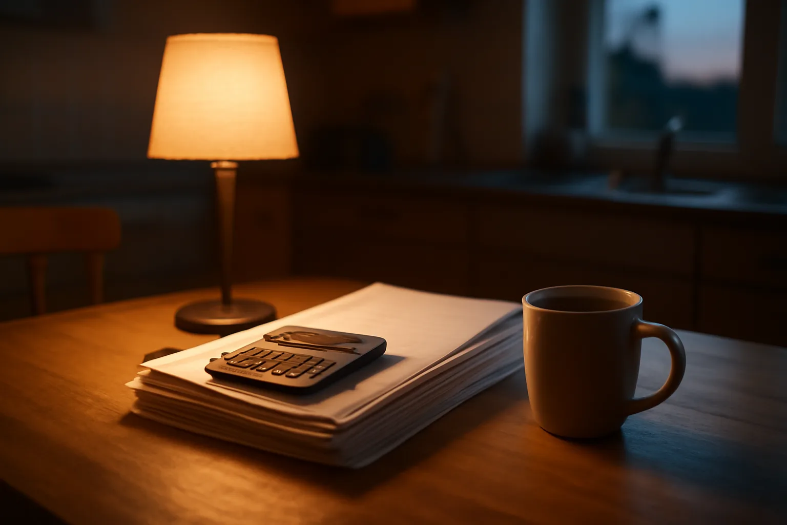 Timeshare maintenance fee statements and a calculator on a table at night