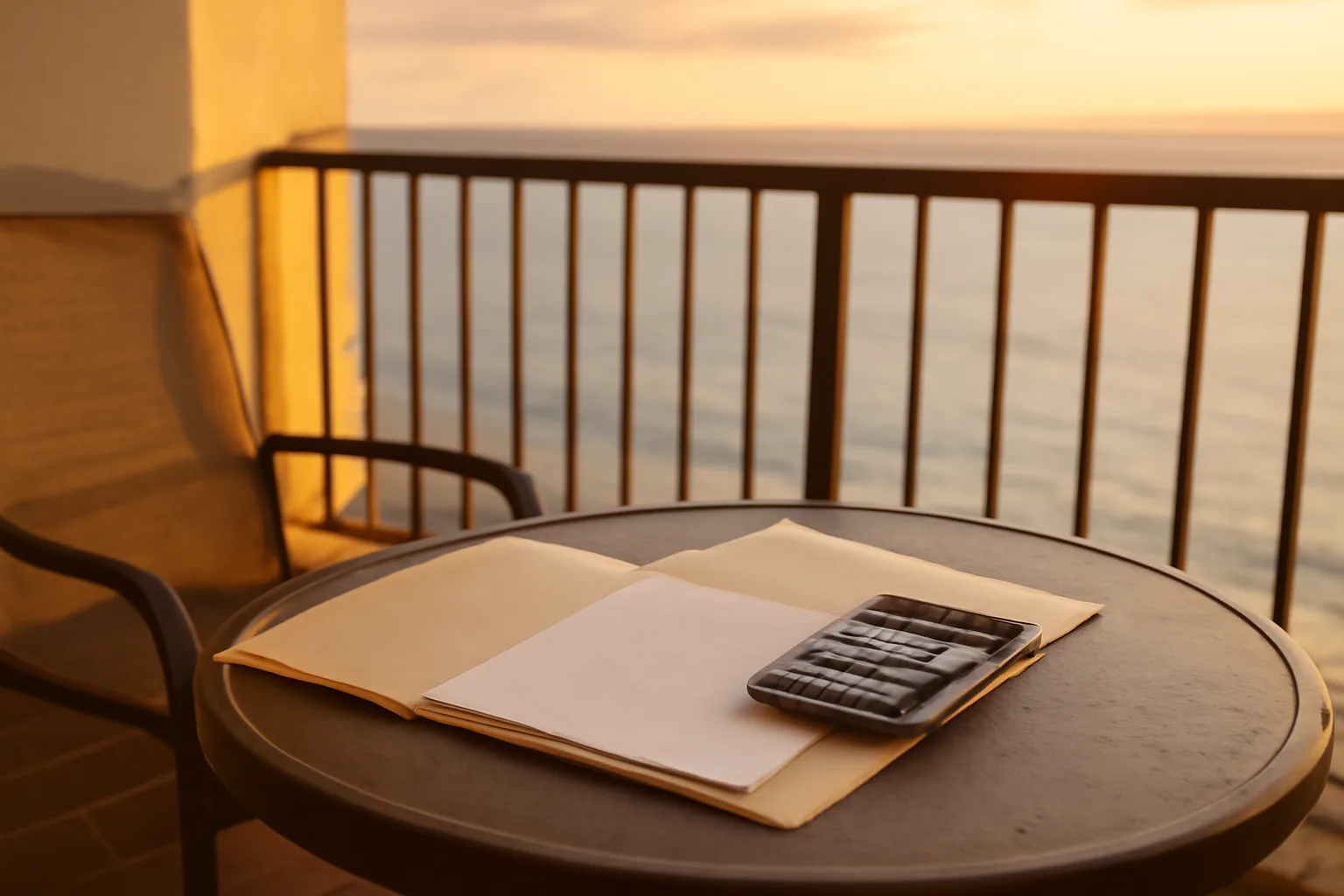 Resort balcony with paperwork and calculator, showing the real cost of timeshare ownership