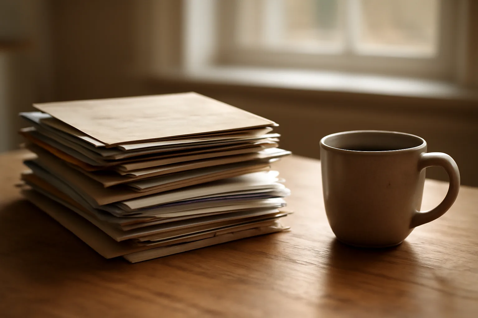 Stack of unopened past-due mail on a kitchen table in morning light