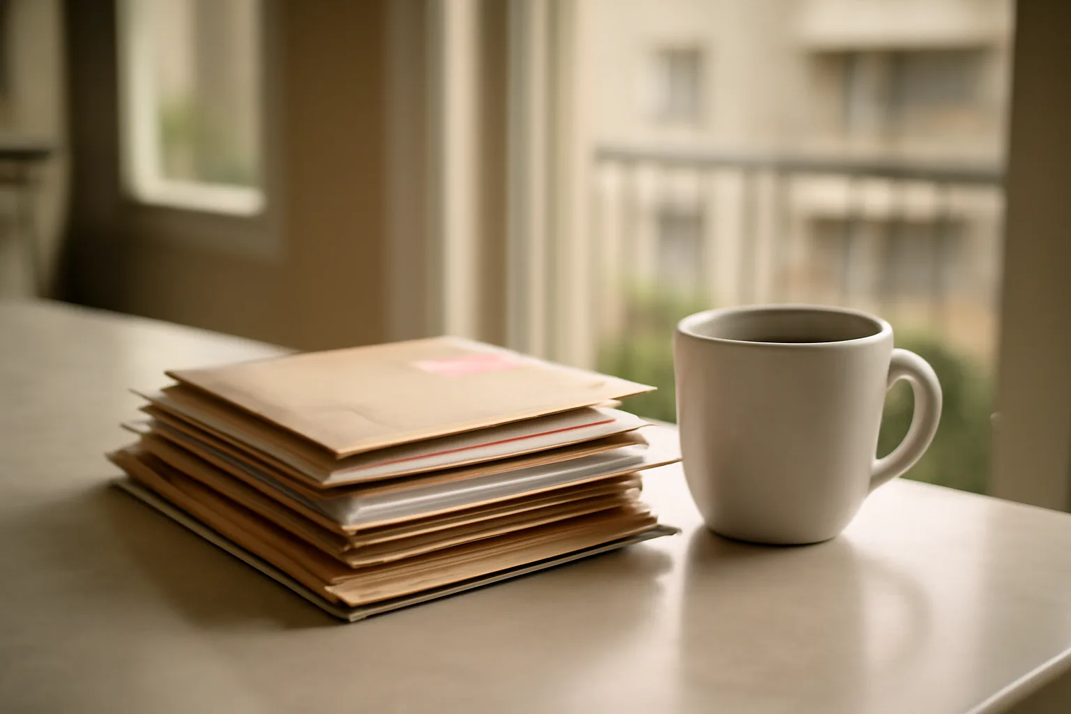 Unopened bills on a kitchen counter suggesting unpaid timeshare fees piling up