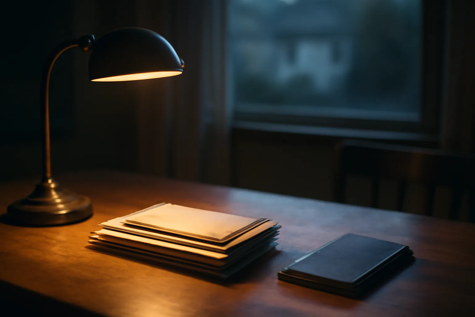Unopened mail and a checkbook on a kitchen table at dusk