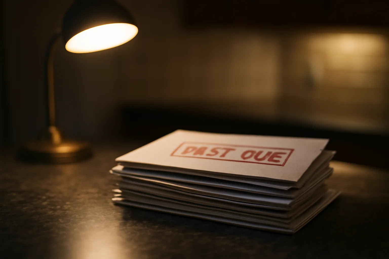 Stack of past-due mail on a kitchen counter representing unpaid timeshare maintenance fees