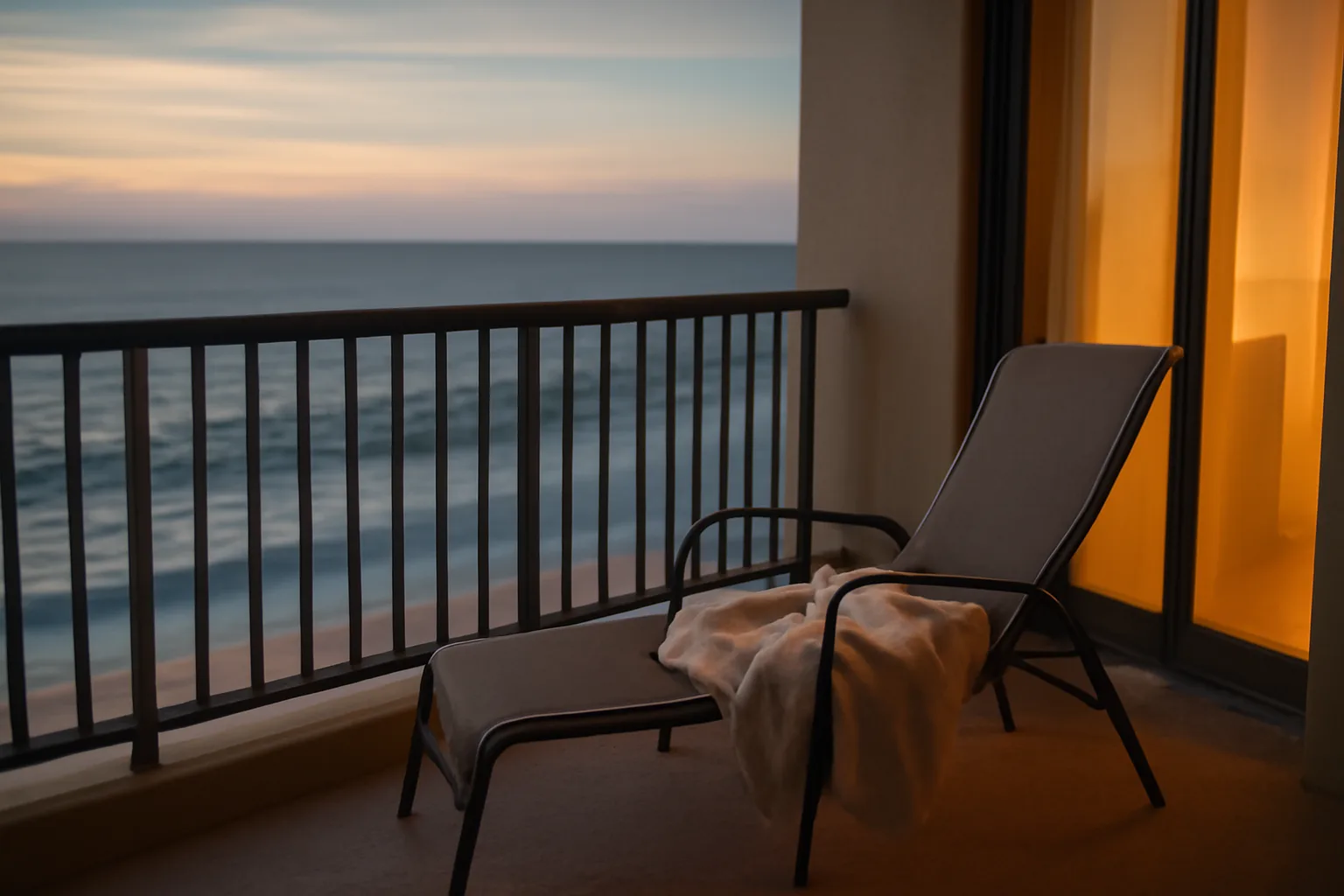 Empty resort balcony at dusk symbolizing an unpaid timeshare unit