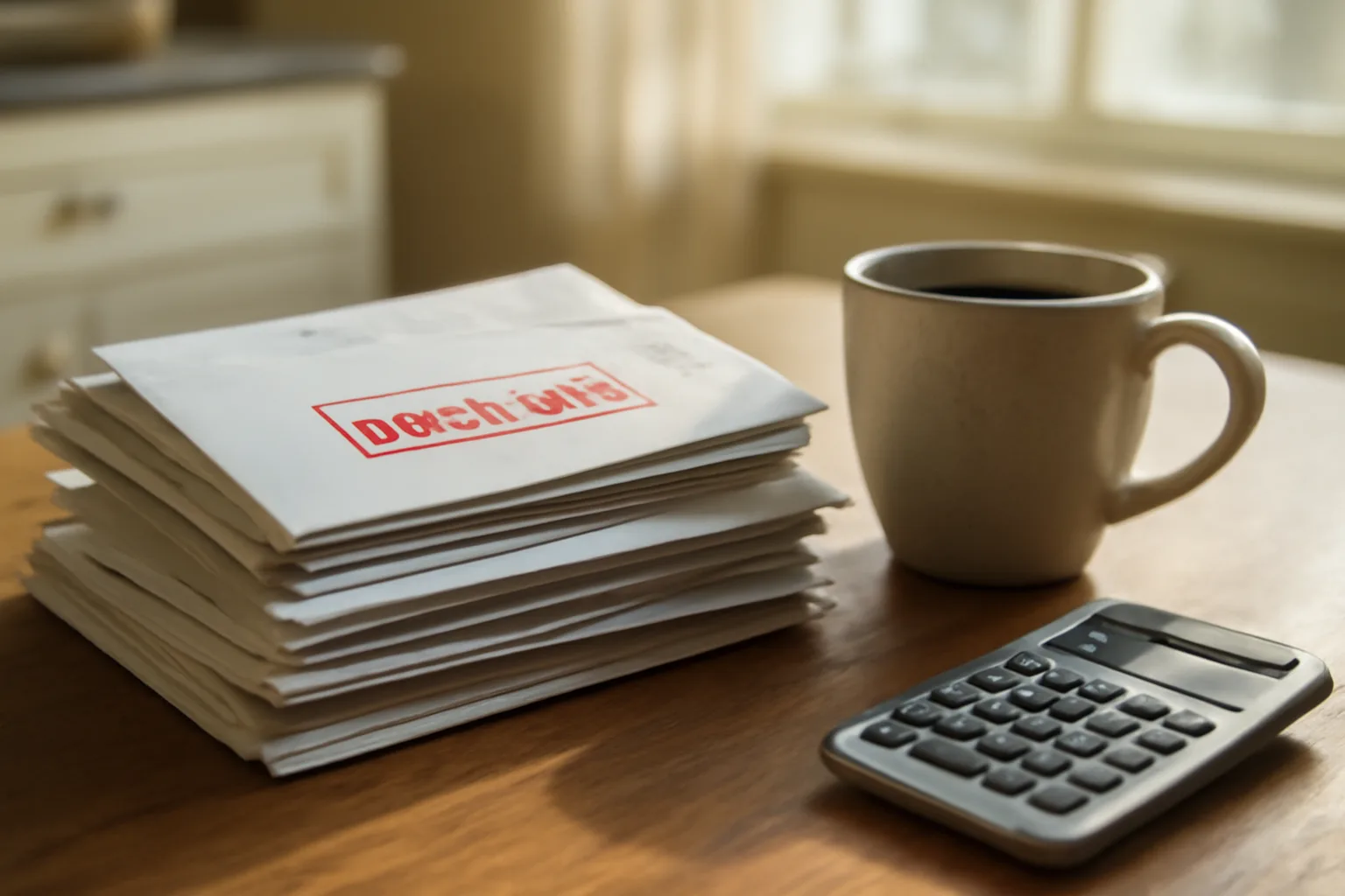 Stack of overdue bills on a kitchen table representing unpaid timeshare maintenance fees