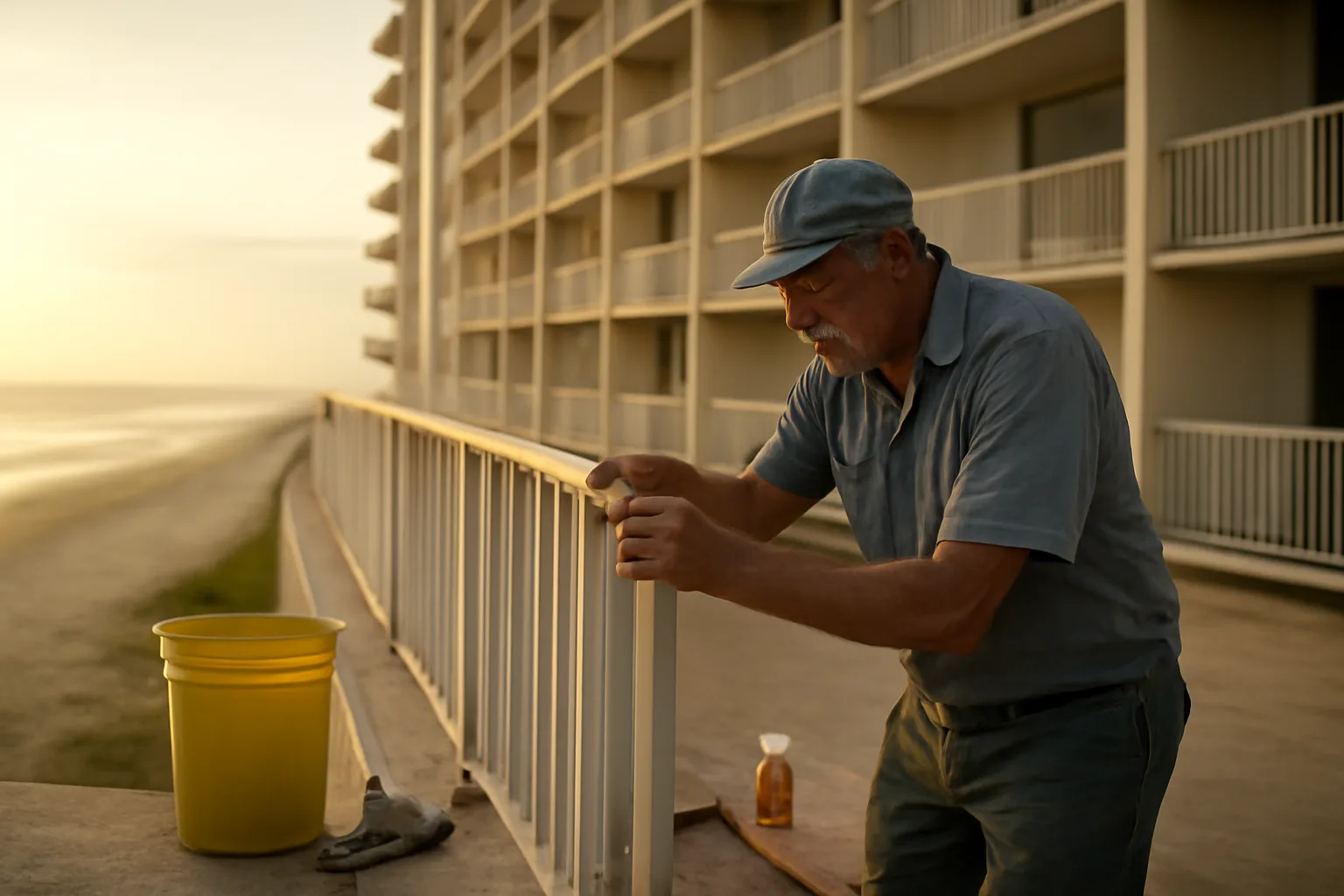 Maintenance worker repairing a beachfront timeshare resort pool deck at sunrise