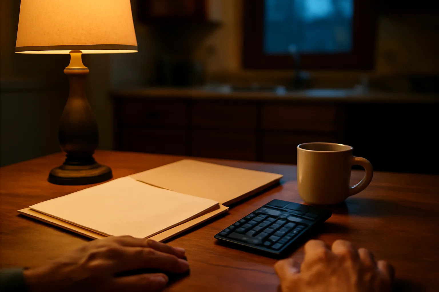 Hands resting on paperwork at a kitchen table while reviewing timeshare payment documents