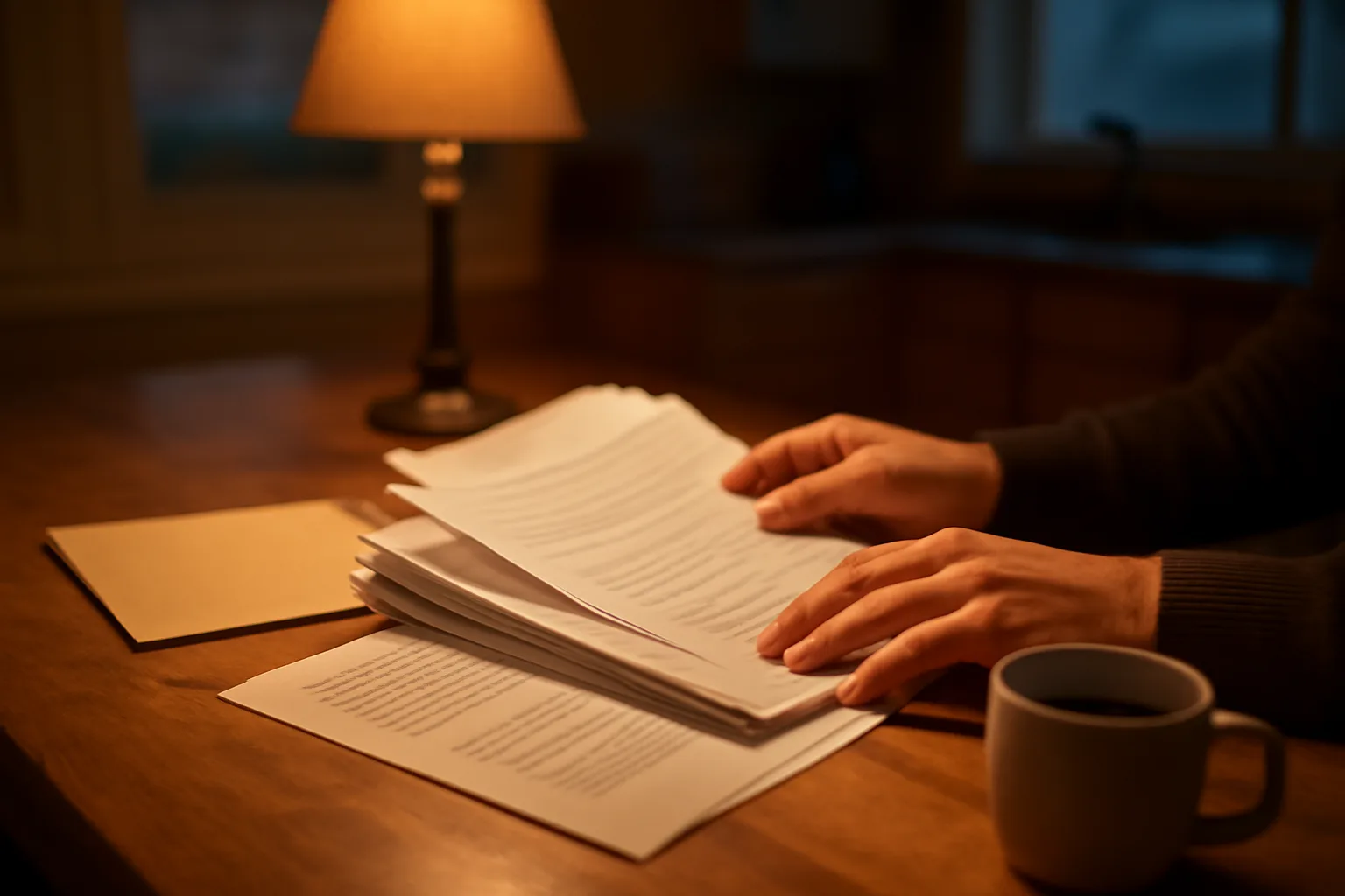 Hands sorting timeshare contract papers and a mailing receipt on a kitchen table