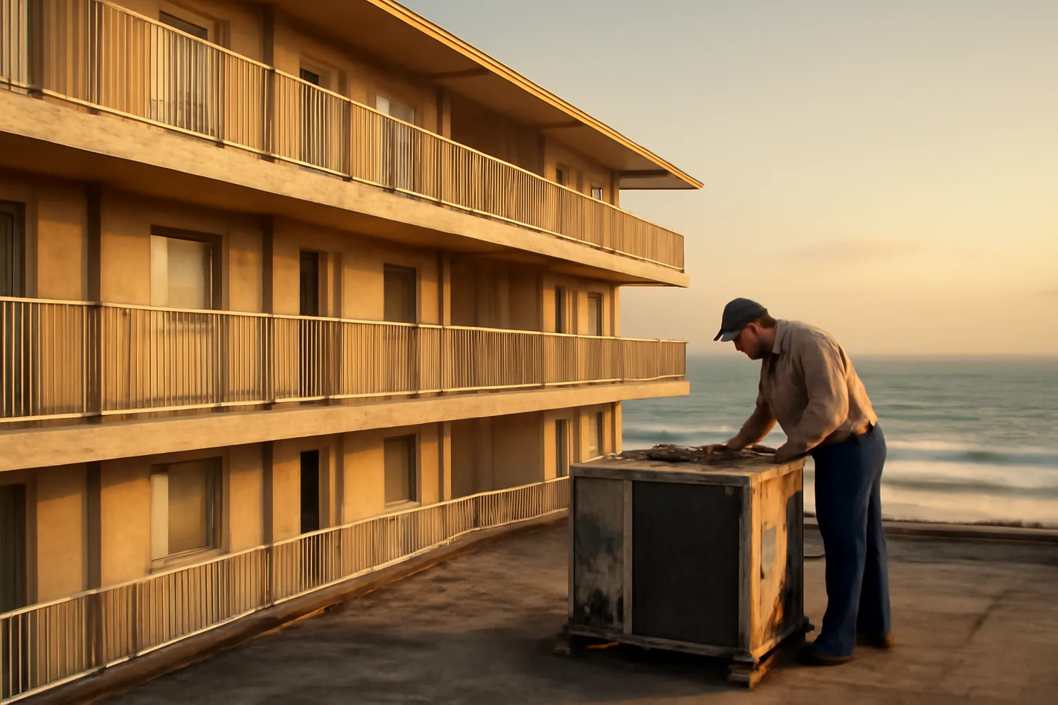 Coastal resort building at sunset with a worker inspecting rooftop maintenance equipment
