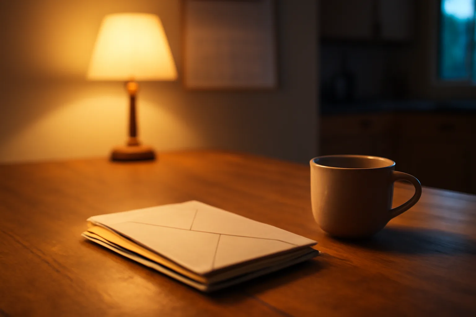 Kitchen table with unopened mail and coffee mug, evoking a timeshare owner reviewing bills