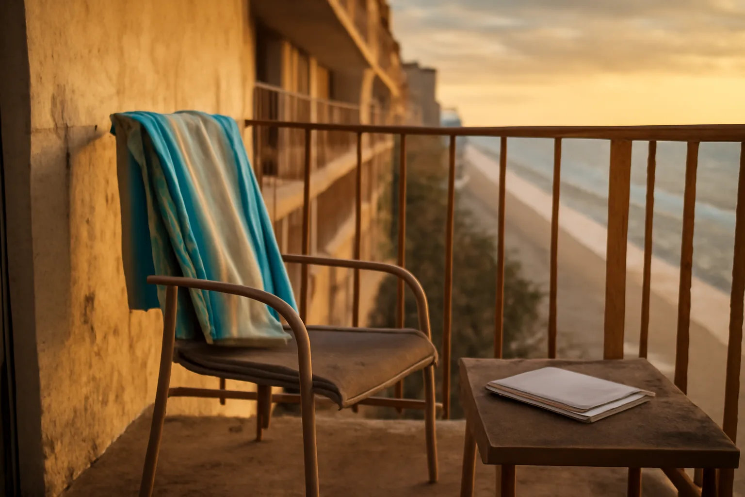 Empty Florida timeshare balcony at sunset with unopened mail on a table
