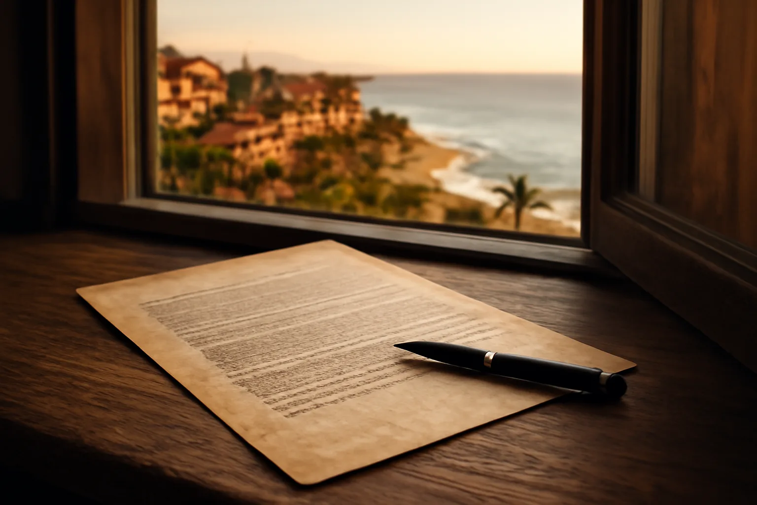 Contract and pen on a table near a window overlooking a Mexico beach resort