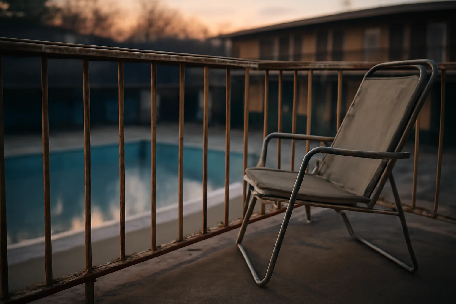 Empty condo balcony and pool at dusk symbolizing timeshare buyer's remorse