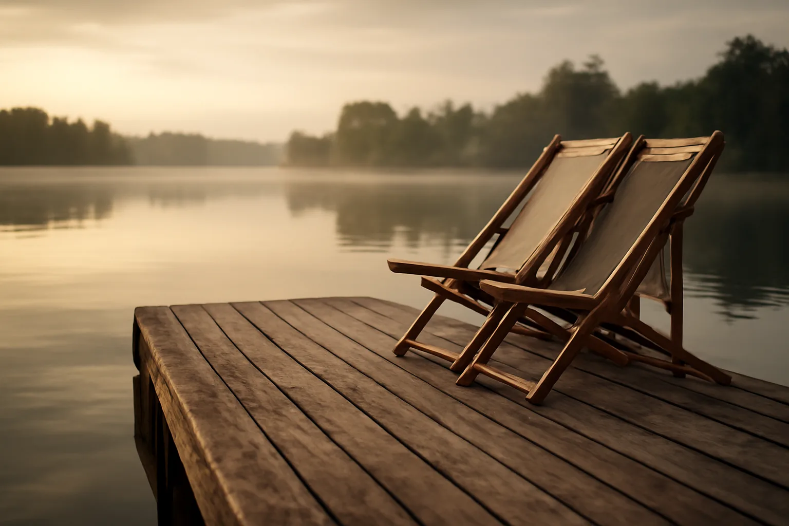 Empty resort dock and stacked deck chairs at sunrise, evoking a timeshare owner's exit decision