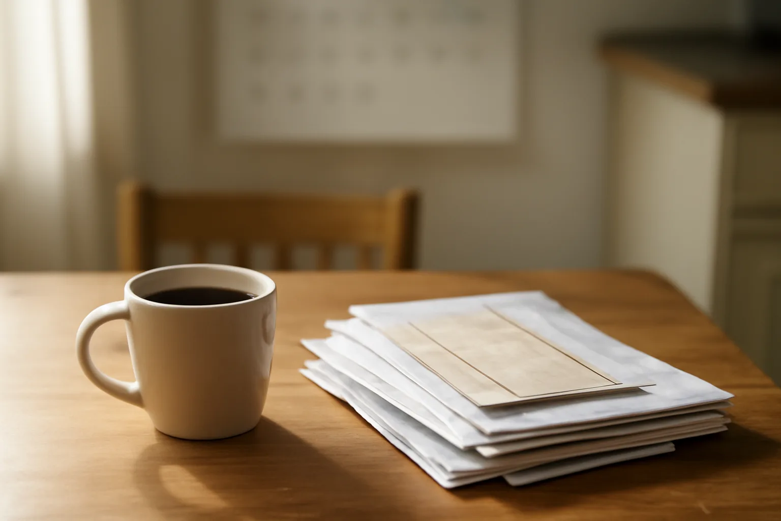 Kitchen table with mail and coffee, morning light, timeshare cancellation paperwork moment