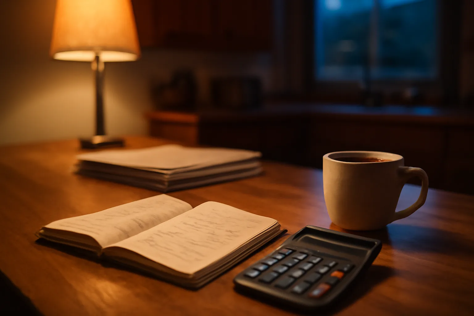 Kitchen table with calculator and annual fee statements for timeshare maintenance costs