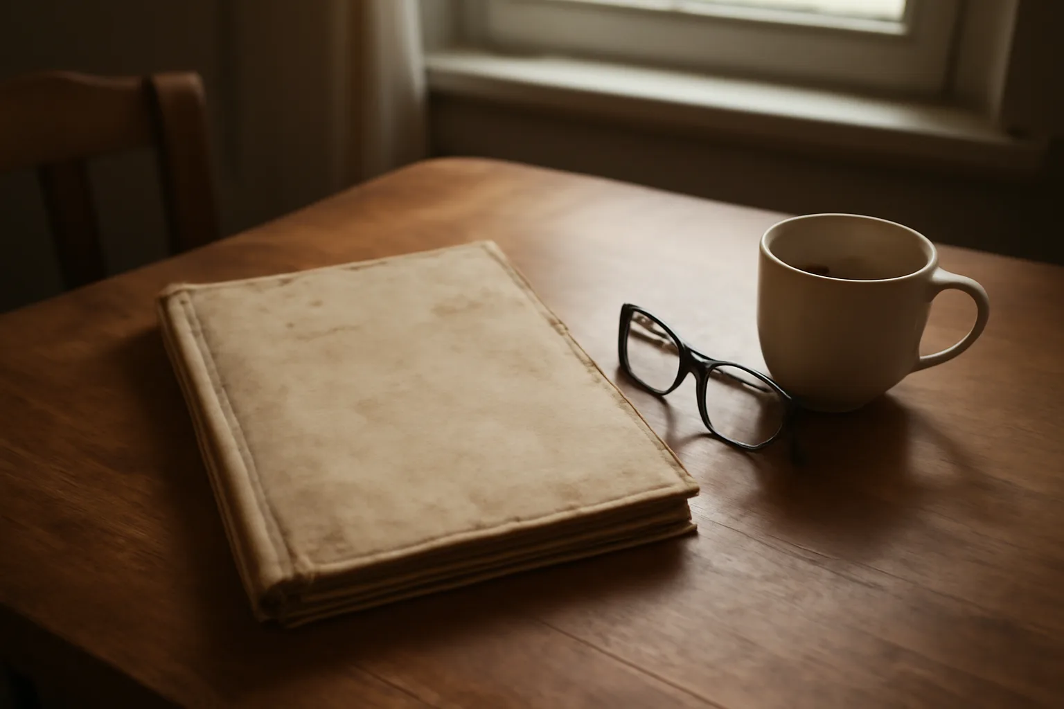 Timeshare contract folder and coffee on a kitchen table in morning light