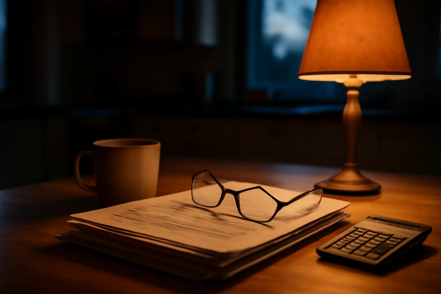 Home kitchen table with mortgage paperwork and calculator, someone working through a timeshare mortgage decision