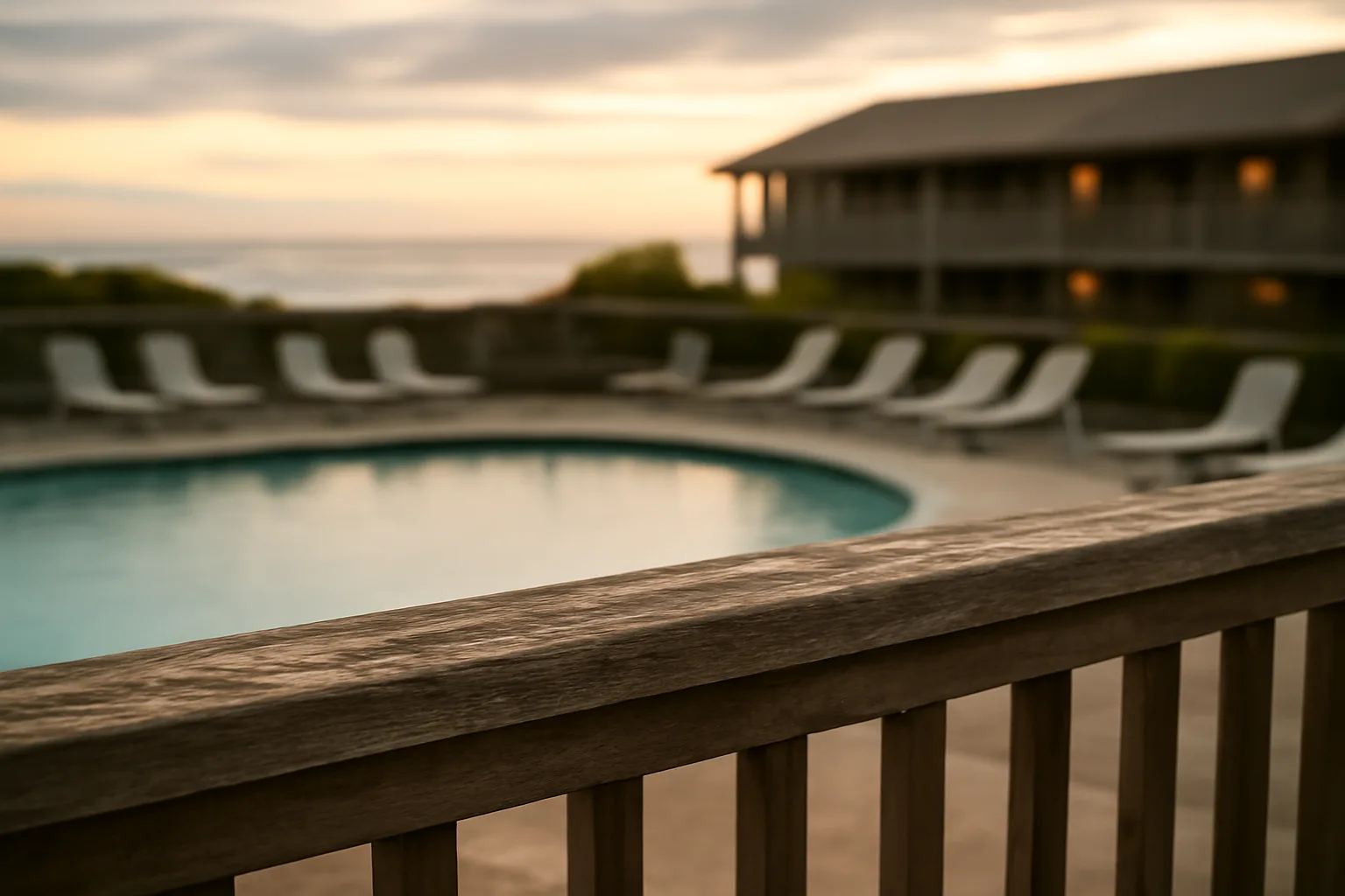 Empty off-season resort pool deck at dusk, symbolizing a timeshare contract after rescission