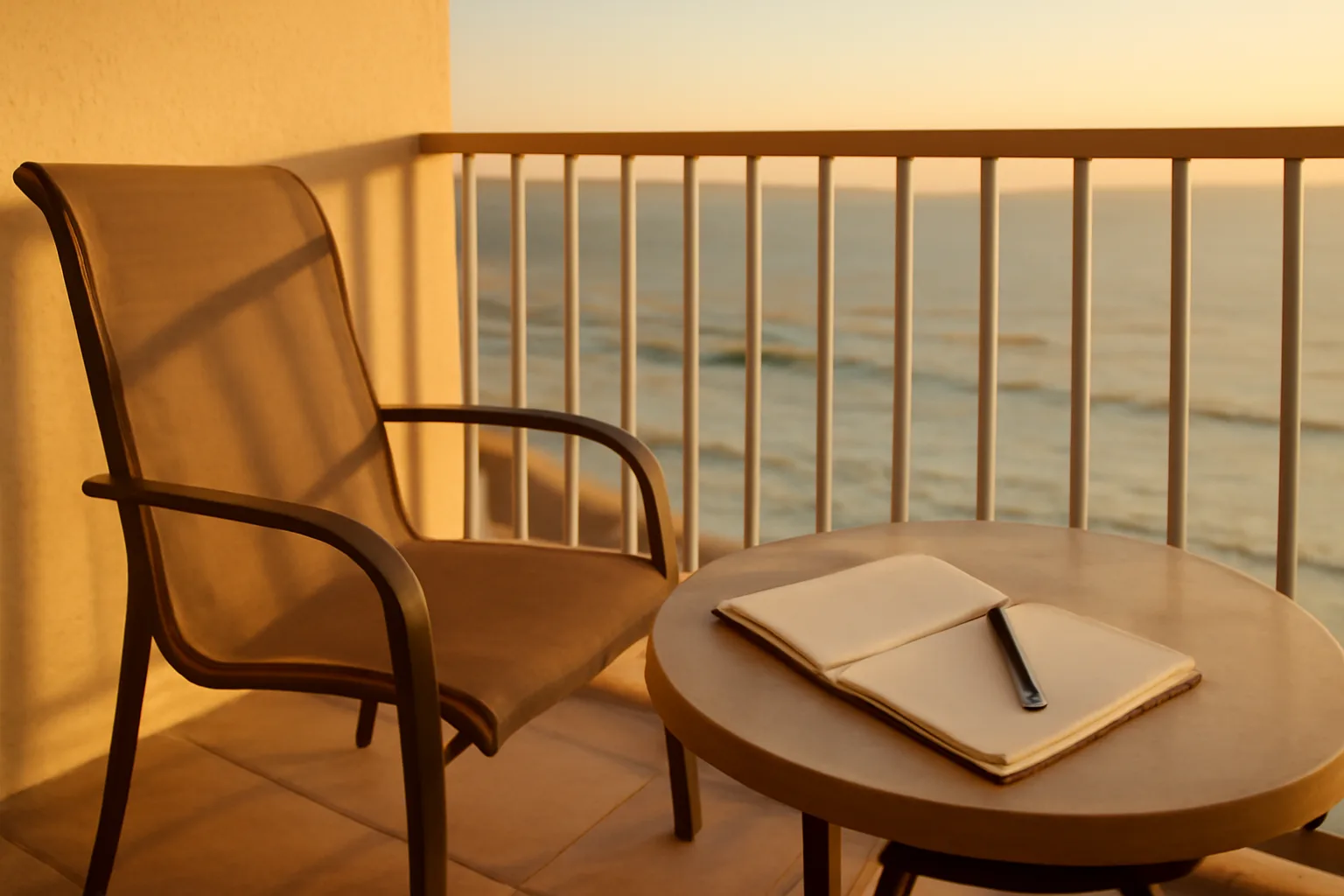 Empty resort balcony at sunset representing a timeshare owner deciding to cancel