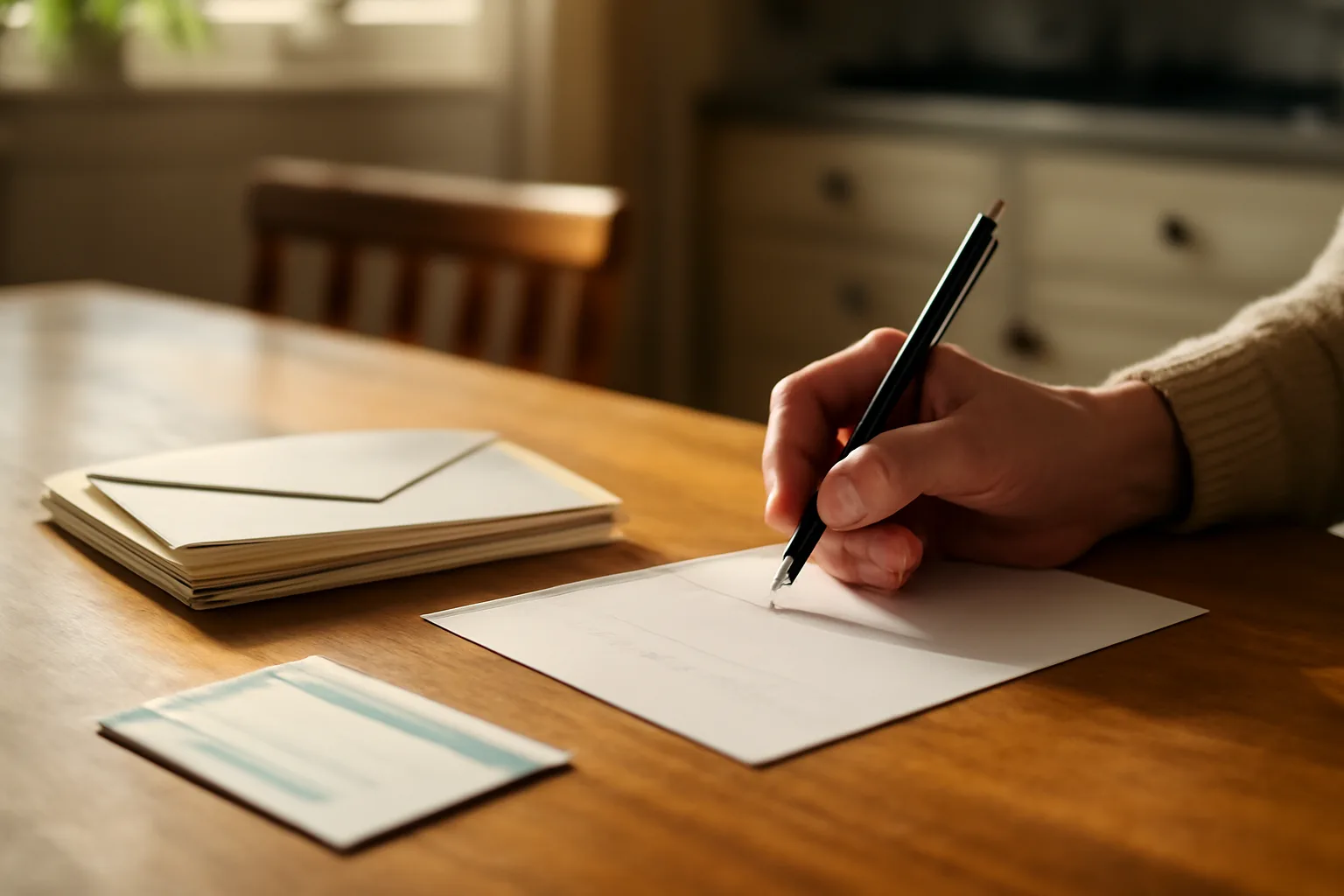 Hand writing a cancellation letter at a table with mailing receipts nearby