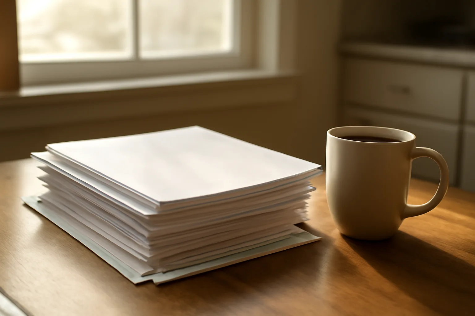 Timeshare contract paperwork and mail receipt on a table in morning light