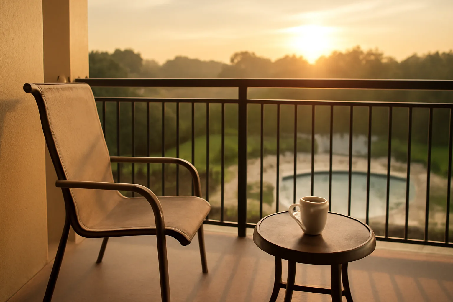 Empty resort balcony at sunrise, evoking a timeshare owner weighing whether to cancel