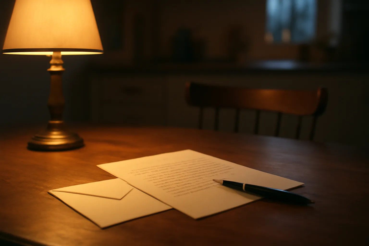 handwritten cancellation letter and envelope on a table under lamp light
