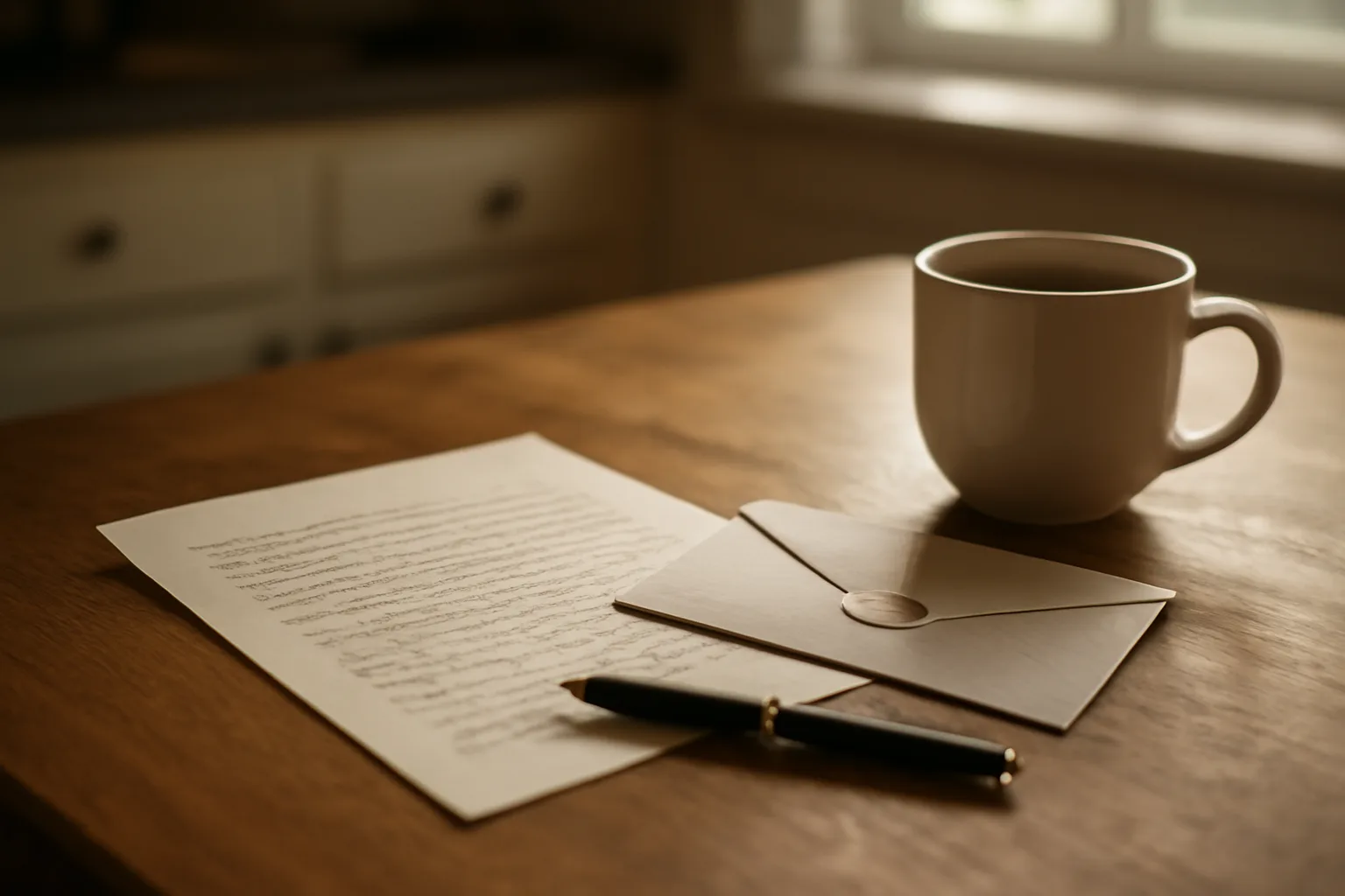 Handwritten cancellation letter and envelope on a kitchen table in morning light