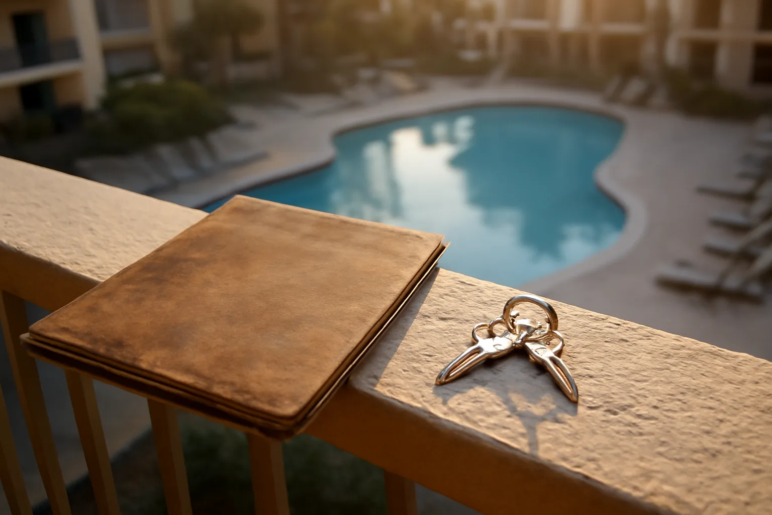 Timeshare deed folder and keys on a balcony railing above a quiet resort pool