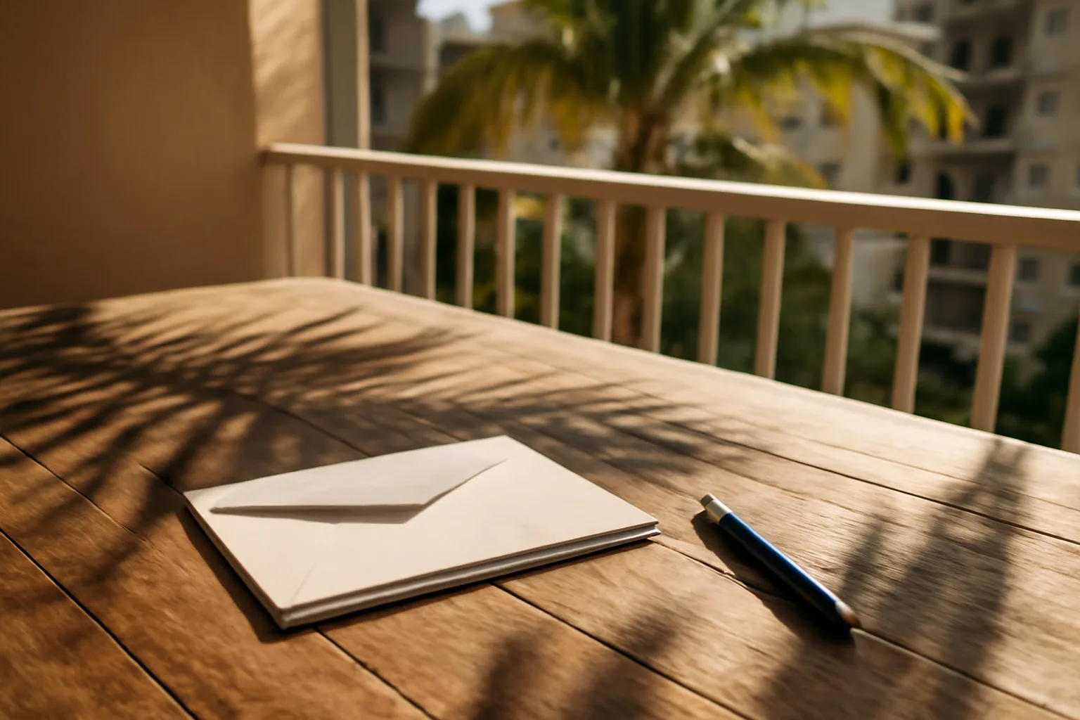 Desk with envelope and pen near a Florida balcony, representing timeshare cancellation paperwork