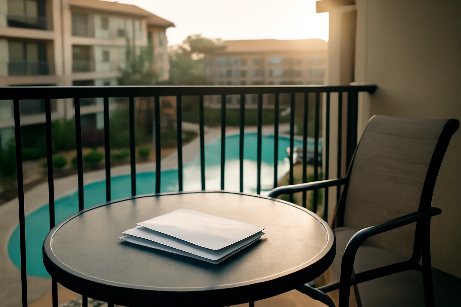 Empty resort balcony at dawn with unopened mail, evoking timeshare maintenance fee stress