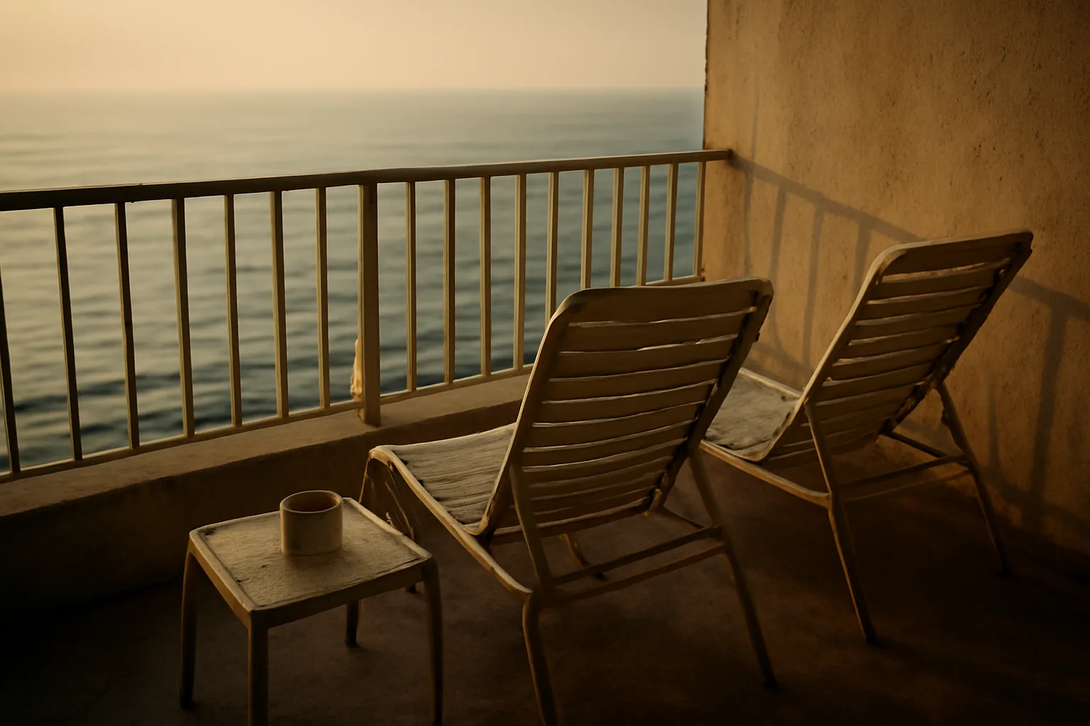 Empty timeshare resort balcony at sunset symbolizing owners looking to exit