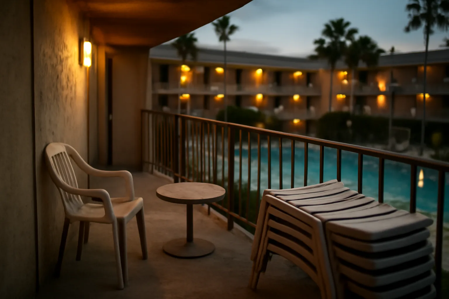 Empty resort balcony at dusk, representing the search to get out of a timeshare