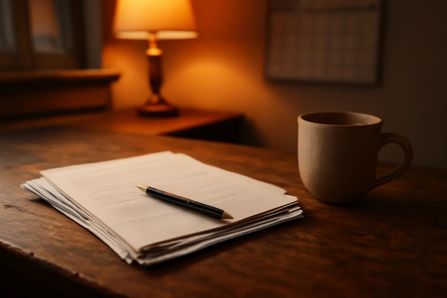 Kitchen table with timeshare paperwork and pen under warm lamp light