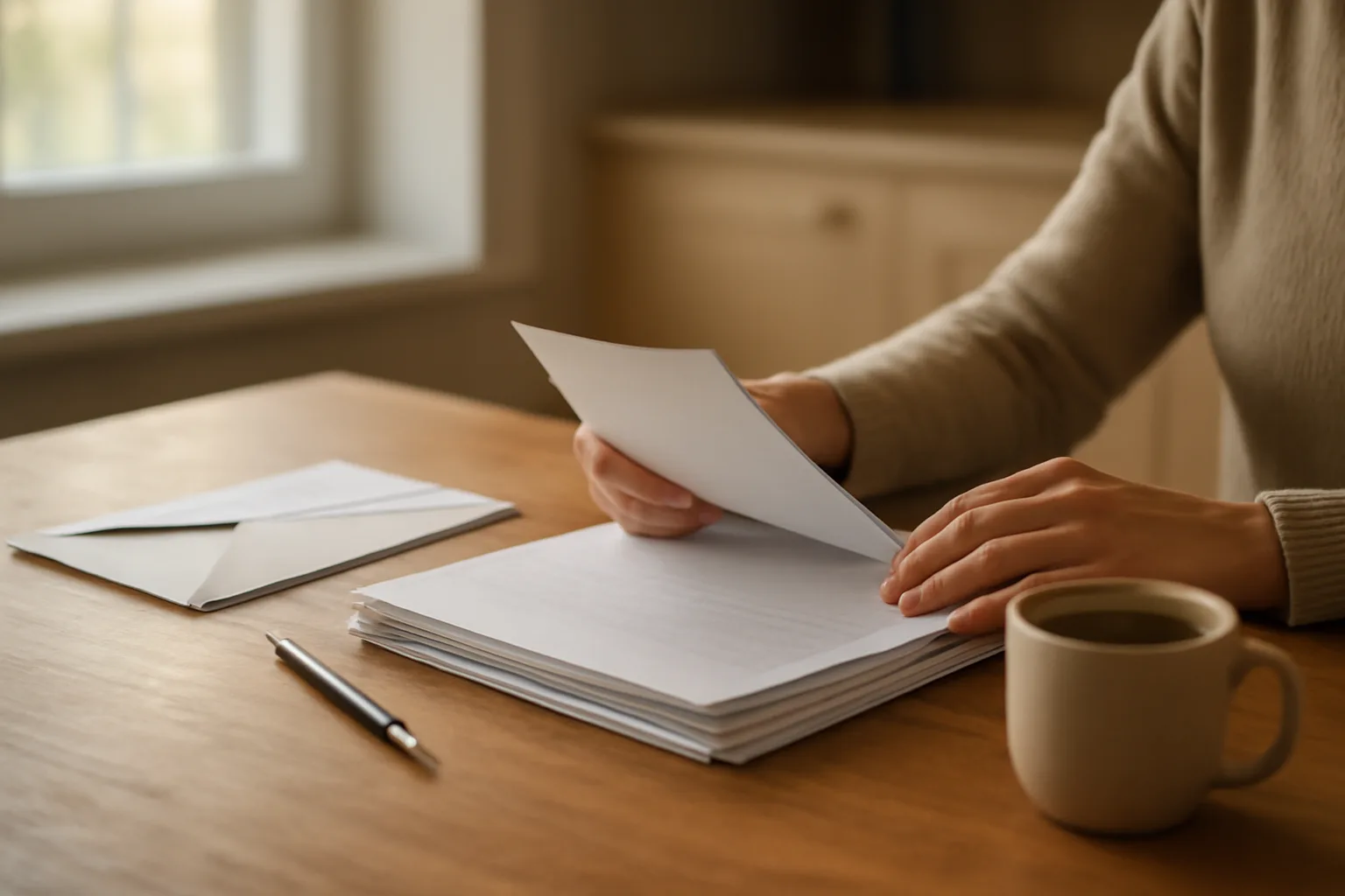 Hands reviewing paperwork at a table while researching how to get out of a timeshare agreement