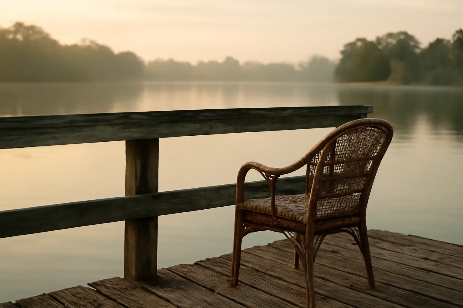 Empty lakeside chair at dawn evoking the weight of an unwanted Westgate timeshare decision