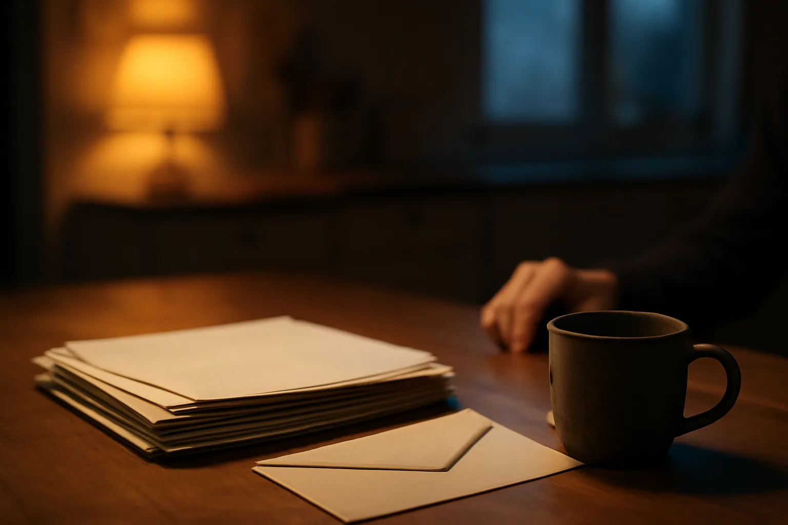 Person reviewing timeshare paperwork at a kitchen table under lamp light