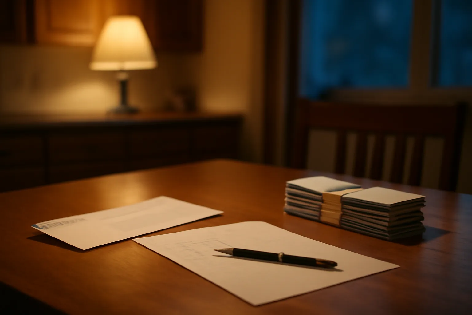 Certified mail receipts and a signed document on a kitchen table at dusk